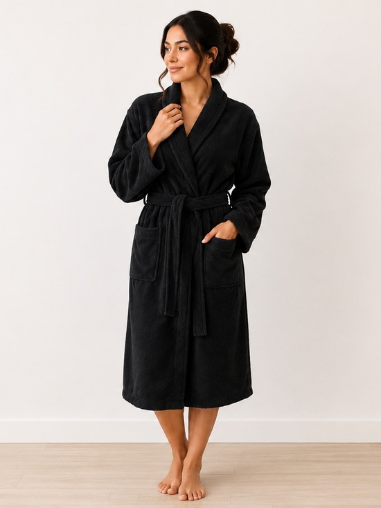 unbrand Other - Black Bathrobe 100% Cotton Unisex Soft Spa Robe S/M Turkish Towel Belted Pockets